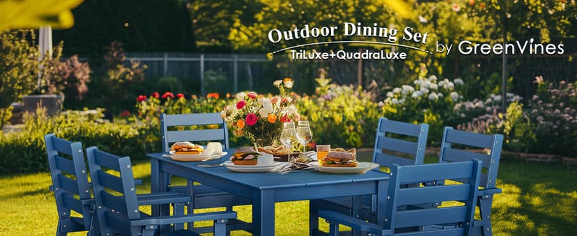 GREENVINES 7-Piece Outdoor Dining Set | HDPE | Patio Table and Chairs Sets for 6 | Patio Furniture | All Weather | Umbrella Hole | Blue| for Backyard Poolside Garden