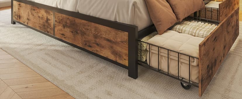 Lifezone Queen Bed Frame with 2-Tier Storage Headboard, Metal Platform Bed Frame with 4 Storage Drawers, Built in Charging Station & LED, Noise-Free/Metal Support/No Box Spring Needed, Vintage Brown