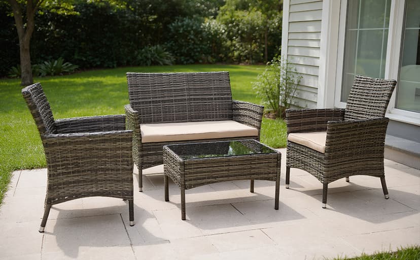4 Piece Wicker Outdoor Furniture Set, Patio Conversation Set, Woven PE Rattan and Steel with Beige Removable Cushions for Patio, Deck, Lawn and Poolside (Hemp Gray and Beige)
