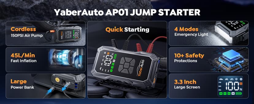 YaberAuto 9-in-1 Jump Starter with Air Compressor 5500A 150PSI Portable Car Battery Jump Starter (All Gas/10L Diesel), Jump Box Car Battery Jumper Starter Portable Jumper Cables, 150W DC, Lights