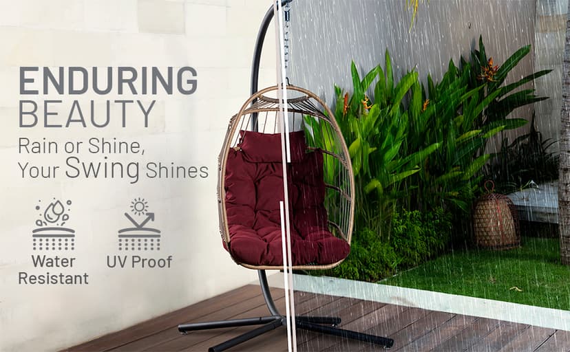 SereneLife Foldable Hanging Egg Swing – Brown Rattan Wicker Lounger with Stand, Waterproof Seat Cushion & Headrest, 350 lbs. Capacity – Outdoor Hammock Chair for Patio, Porch, Garden & Indoor Use