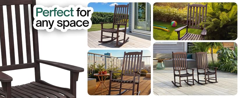 Tranquillo Oasis Wooden Rocking Chair for Patio, Porch, or Indoor Use – Classic Acacia Wood Rocker with Sturdy Frame, Comfortable Slatted Seat, Smooth Rocking Motion – Farmhouse Outdoor Chair