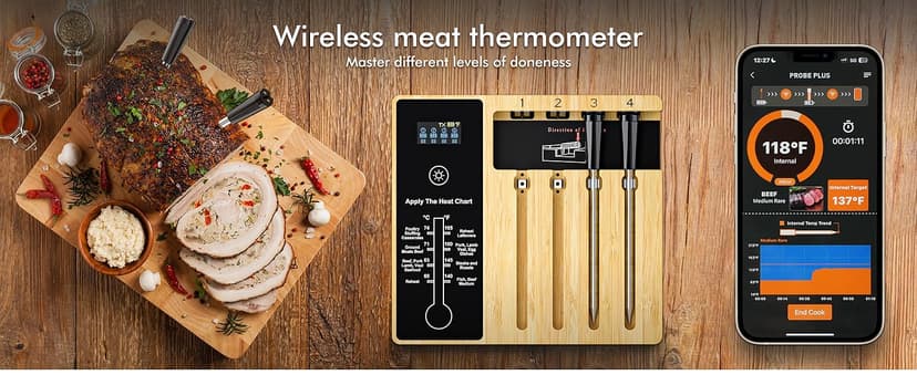 Smart Wireless Meat Thermometer 4 Probes, Bluetooth Food Thermometer, Remote Tracking and Real-Time Readings from Apps, for iOS and Android, for BBQ, Grill, Smoker