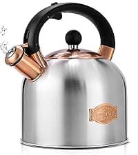 SUSTEAS Tea Kettle - 3.17QT Whistling Kettle with Ergonomic Handle - Premium Stainless Steel Tea Pots for Stove Top, Chic Vintage Teapot with Composite Base, Work for All Stovetops (Black)