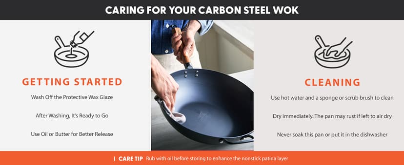 GreenPan Carbon Steel Wok 14”, Flat Bottom, Durable Stir-Fry Pan, Pre-Seasoned Nonstick Patina, High Heat Retention, Induction, Ash Wood Handle, Kyoto, Black