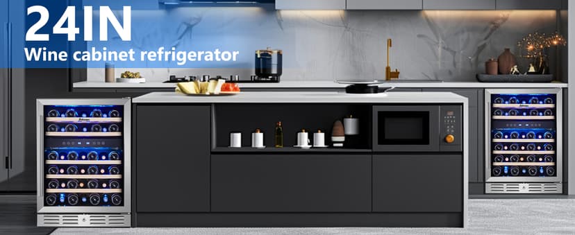 Kalamera 24 inch Wine Cooler, 46 Bottle - Dual Zone Built-in or Freestanding Fridge with Stainless Steel Reversible Glass Door, for Home, Kitchen, or Office.