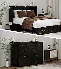 Murphy Bed Cabinet Full with Tri-Folding Mattress, Solid Wood Murphy Bed with 2 USB & 2 Charging Ports, Large Storage Drawer for Home Office or Small Space, Ebony Wood Color