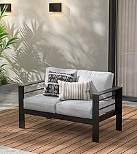 Wisteria Lane Patio Furniture Aluminum Sofa, All-Weather Outdoor 3 Seats Couch, Black Metal Chair with Light Grey Cushions