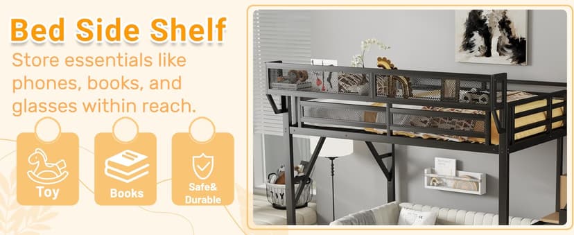 Full Size Loft Bed with Stairs and Storage, Metal Loft Bed Frame with Bedside Shelf and Large Under-Bed Space, Heavy-Duty Bed for Adults Teens and Kids, Black