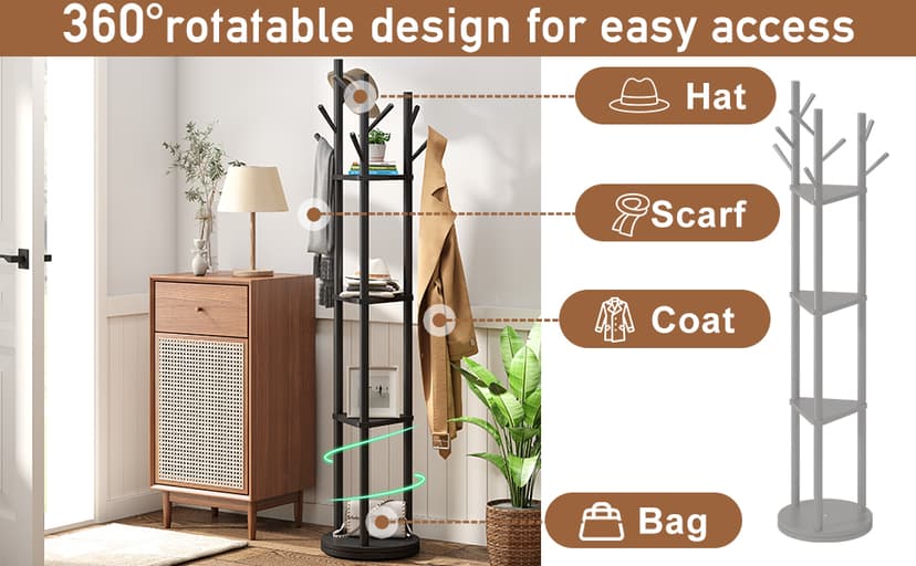 FILWH Bamboo Coat Rack Rotary Freestanding with Shelf Coat Tree Stand for Hallway Entryway with 9 Hooks and 3 Storage Shelves (Black)