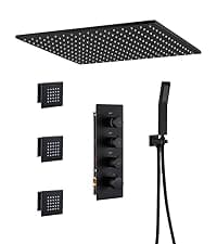MONDAWE 23" Full Body Thermostatic Shower Jets System, 64-Color LED Music Waterfall Rainfall Luxury Shower Head System with 6 Spray Jets, Ceiling Mount Rain Shower Faucet Set, Matte Black