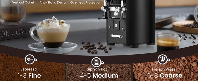 Huanyu Commercial Coffee Grinder with Touching Screen Infinite Adjustment 8 Grinding Settings Burr Coffee Grinders for Shops with Dual Dosing Modes