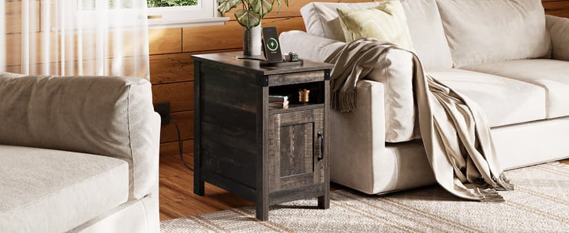 WLIVE End Table with Charging Station, Narrow Side Table for Living Room, Farmhouse Night Stand with Storage, Small Wooden Cabinet with USB Ports and Outlets for Living Room and Bedroom, Espresso