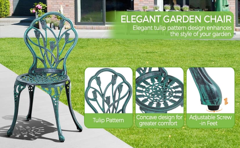 Yaheetech Patio Bistro Sets 3 Piece Cast Aluminum Bistro Table and Chairs Set, Cast Aluminum Bistro Table and Chairs Set of 2 with Umbrella Hole for Patio Backyard Balcony, Green