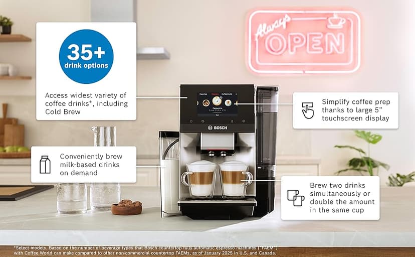 Bosch 800 Series Fully Automatic Espresso Machine – 36 Drinks with Coffee World, Cold Brew, Double Cup, Integrated Milk Container, Smart Features, in Stainless Steel