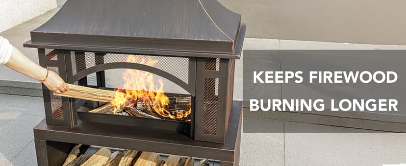 39" Fire Pits with Wood Storage for Outside, Large Wood Burning Outdoor Fireplace with Chimney, Mesh Spark Screen & Fire Poker, Idea for Backyard, Patio, Party, Camping, Picnic