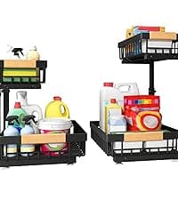 Under Sink Organizer, 2 Packs 2 Tier Under Sink Organizers and Storage, Slide Out Pull Out Cabinet Organizer Shelf, Metal Sliding Drawer for Kitchen Bathroom Pantry Cabinet Closet Organization Rack
