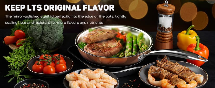 Whole Tri-ply 18/10 Stainless Steel Pot and Pan Set (10 Piece), Copper Pots and Pans Set with Stainless Steel Lid, Induction Cookware Set, Include Stock Pot, Saucepan, Frying Pan - Copper