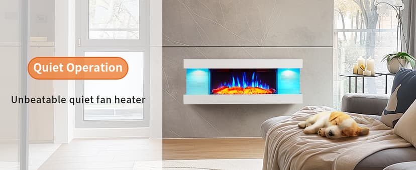 PuraFlame Alsa 44 Inch Wall Mounted Electric Fireplace All-in-One with Multi Ambient Light Colors, Remote, 1500W Heater, White