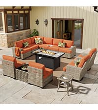 HOOOWOOO Outdoor Sectional Patio Furniture Set,9 Pieces Wicker Conversation Sets L Shaped Couch,Extra Deep Out Door Sofa Outside Furniture with Rocking Chairs,Beige