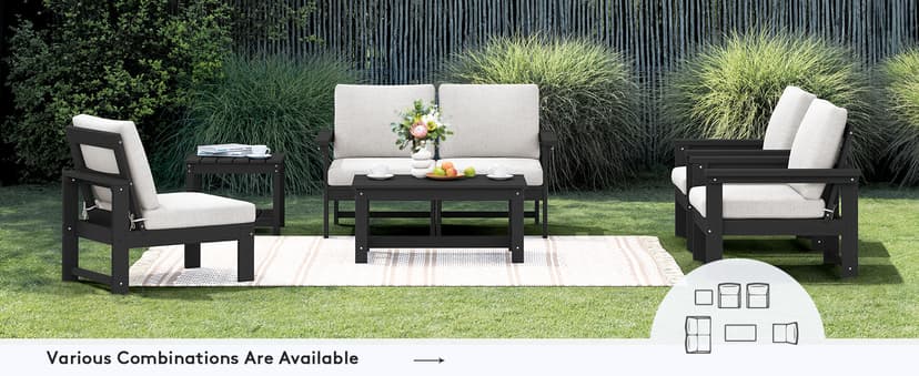 SERWALL HDPE Patio Furniture Set, 7-Piece Outdoor Sectional Sofa Set, All Weather Outdoor Couch Set for Deck, Lawn, Black Frame with Khaki Cushion