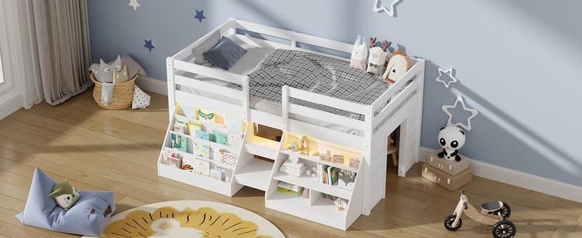 Twin Size Low Loft Bed with Stairs for Kids, Wooden Twin Loft Bed with LED Light & Safety Guardrail & Bookcase & Under-Bed Play Space, White