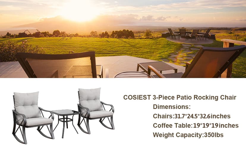 COSIEST 3 Piece Bistro Set Patio Rocking Chairs Outdoor Furniture w Warm Gray Cushions, Glass-Top Table for Garden, Pool, Backyard