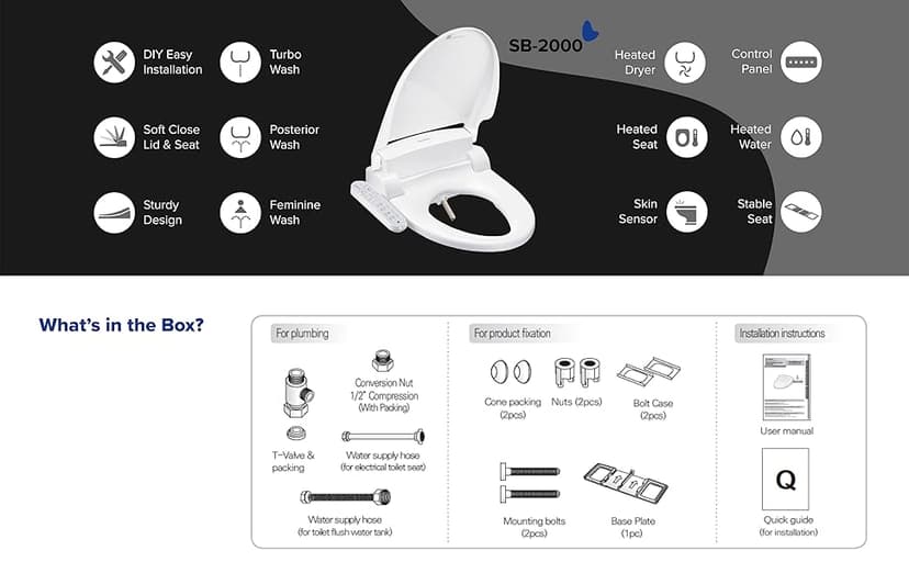 SmartBidet SB-2000WE Electric Bidet Toilet Seat with Heated Seating, Warm Air Dryer, Temperature Control Wash, and Control Panel, Elongated Seating