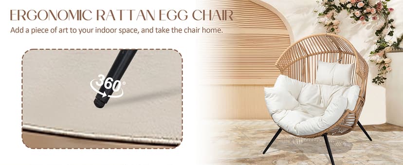 JAMFLY Egg Chair Wicker Outdoor Chairs, Oversized Patio Chair Oversized Lounger Chair with Cushion for Indoor Living Room, Bedroom, Outside Patio Backyard Balcony, Beige