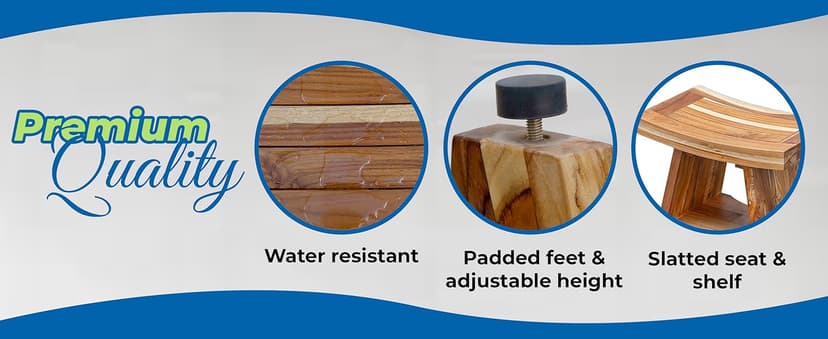 EcoDecors 18 Inch Serenity 300 Pound Capacity Waterproof Teak Wood Shower Bench Stool Seat Chair For Inside Shower Storage Shelf Provides Safety, and Storage, For Bathroom Accessories Natural Color