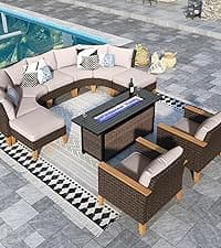 Sophia & William Patio Furniture Set with 56" Fire Pit Table, 10PCS Outdoor Wicker Sectional Conversation Set with 3-Seater Sofa, 2-Seater Couch, 2 Ottoman & FirePit Table(Beige)