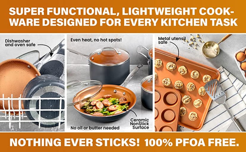 GOTHAM STEEL 10 Pc Copper Pots and Pans Set Non Stick Cookware Sets for Kitchen, Space Saving Pots and Pans with Fry Pan and Pot Set, Non Toxic, Nonstick Cookware Set, Oven and Dishwasher Safe