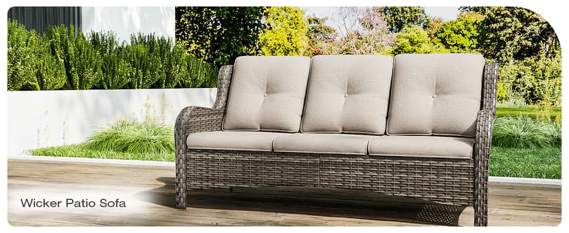 Joyside Outdoor Patio Couch Wicker Sofa - 3 Seater Rattan Sofa for Outside Patio Garden with Deep Seating and Olefin Cushions(Mixed Grey/Beige)