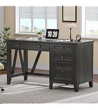 56" Large Modern Executive Desk, Farmhouse Computer Desk with File Drawers, Wood Home Office Desks with Charging Station, Adjustable Shelf, Storage Cabinet, for Writing Work Study (Black)