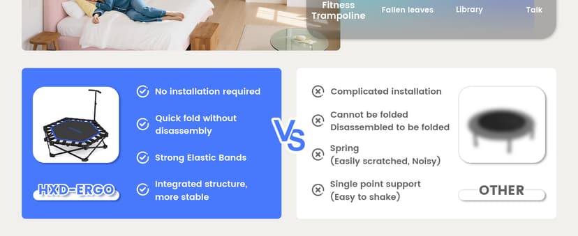 Foldable Mini Trampoline, Rebounder Trampoline with Adjustable Foam Handle, Fitness Trampoline for Indoor, Outdoor, Home Gym, Max Load 460lbs