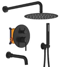 MONDAWE 28 Inch Flush-Mounted Thermostatic Shower System in Matte Black, 64 Colors LED and Bluetooth Control Music Rainfall Shower Head, Handheld Spray and Body Jets, High Pressure Shower Faucet Set