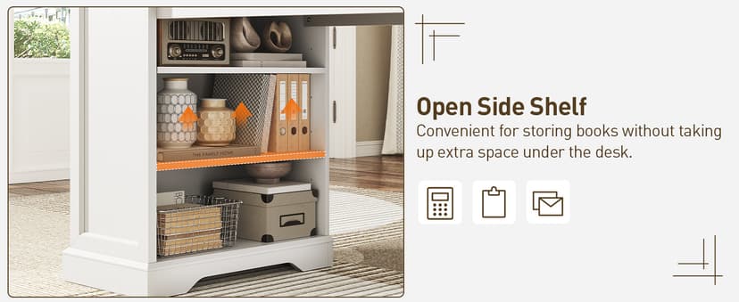 55'' Farmhouse Executive Desk with Drawers, Computer Desk with File Cabinet and Side Bookshelf, Writing Gaming Desk with Monitor Stand & Charging Station, White and Walnut