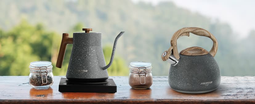 POLIVIAR Tea Kettle, 2.7 Quart Natural Stone Finish with Wood Pattern Handle Loud Whistle Food Grade Stainless Steel Teapot, Anti-Hot Handle and Anti-Rust, Suitable for All Heat Sources (JX2018-GR20)