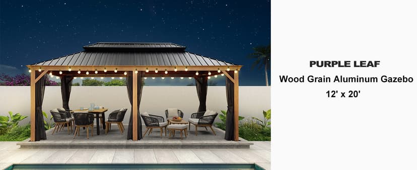 PURPLE LEAF 12' X 20' Outdoor Hardtop Gazebo for Patio Galvanized Steel Double Roof Permanent Canopy Teak Finish Coated Aluminum Frame Pavilion Gazebo with Netting and String Lights