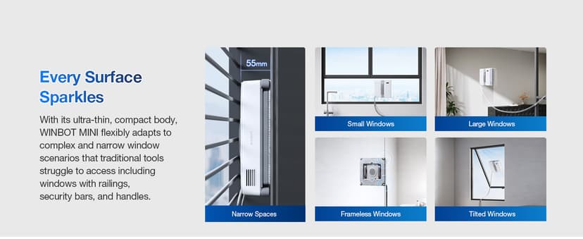 ECOVACS WINBOT Mini Window Cleaning Robot - Compact Design, Dual Nozzles with Ultrasonic Spray, 9-Stage Protection System, Intelligent Path Planning, 3 Cleaning Modes, Anti-Slipping System