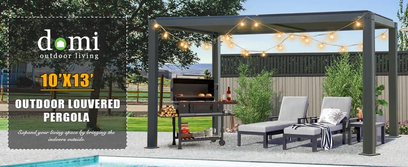 Domi Outdoor Louvered Pergola 10x13FT Full Aluminum Structure,Patio Rainproof Pergola with Two Independently Adjustable Roof for Backyard, Garden w/Curtains and Netting - Dark Gray