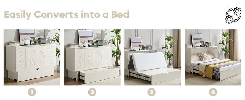 Queen Size Murphy Bed Cabinet with Charging Station & Storage Drawer, Wall-Mounted Tri-Fold Mattress Space Saver for Bedroom, Living Room, Office - White