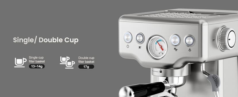 Neretva Espresso Machine, 15 Bar Espresso Coffee Machine with Visible Pressure Guage Professional Espresso Maker with Milk Frother & Stainless Steel for Home Barista Latte and Cappuccino Maker-Silver