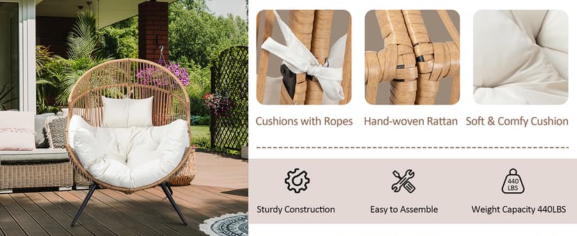 JAMFLY Egg Chair Wicker Outdoor Chairs, Oversized Patio Chair Oversized Lounger Chair with Cushion for Indoor Living Room, Bedroom, Outside Patio Backyard Balcony, Beige