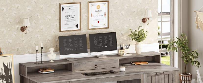 SEDETA Farmhouse 63" Executive Desk, Wood Computer Desk with Drawers and Storage Cabinet, Home Office Desk with File Drawer and Monitor Stand, Wood Desk for Work Study Writing, Grey