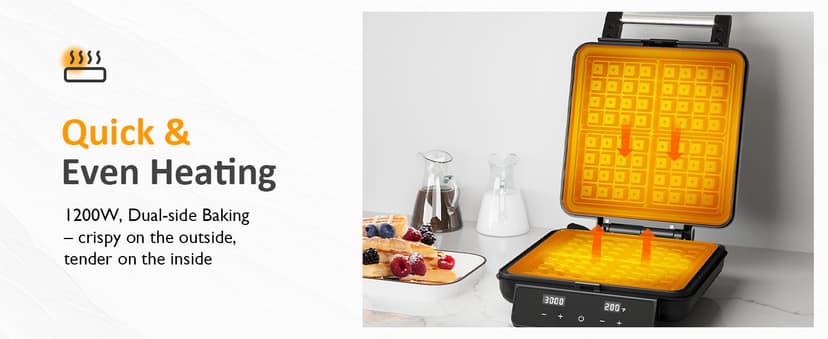 4-Slice Waffle Maker with Nonstick Surface, 1200W Waffle Iron, Time & Temperature Control, LCD Display, Perfect Waffle Maker for Kids and Families, Stainless Steel, Silver