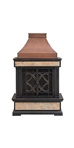 Sunjoy Outdoor Fireplace, Patio Wood Burning Fireplace with Steel Chimney, Mesh Spark Screen Doors, Fire Poker, and Removable Grate, Copper and Black