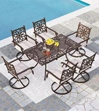 PHI VILLA Cast Aluminum Patio Dining Set for 6 Person, 7 Piece Outdoor Patio Set with 64" x 37" Cast-Top Aluminum Table(2.3" Umbrella Hole), 4 Dining Chairs and 2 Swivel Rockers with Seat Cushions