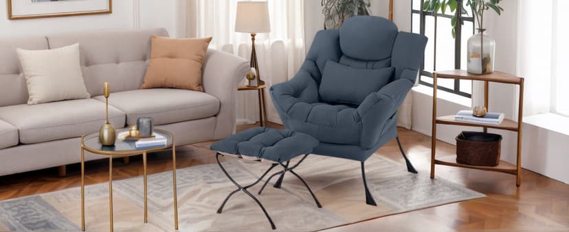 Lazy Chair with Ottoman, Modern Lounge Armchair with Lumbar Pillow, Accent Cozy Reading Chair and Folding Footstool for Bedroom, Dorm, Living Room,Khaki