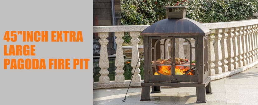 45" H×31''W Metal Chiminea Fire Pit with Grill, Wood Burning Fire Pits for Outside,Square Chimineas Fireplace with Mesh Spark Screen Door& Fire Poker for Garden,Yard,BBQ,Bonfire